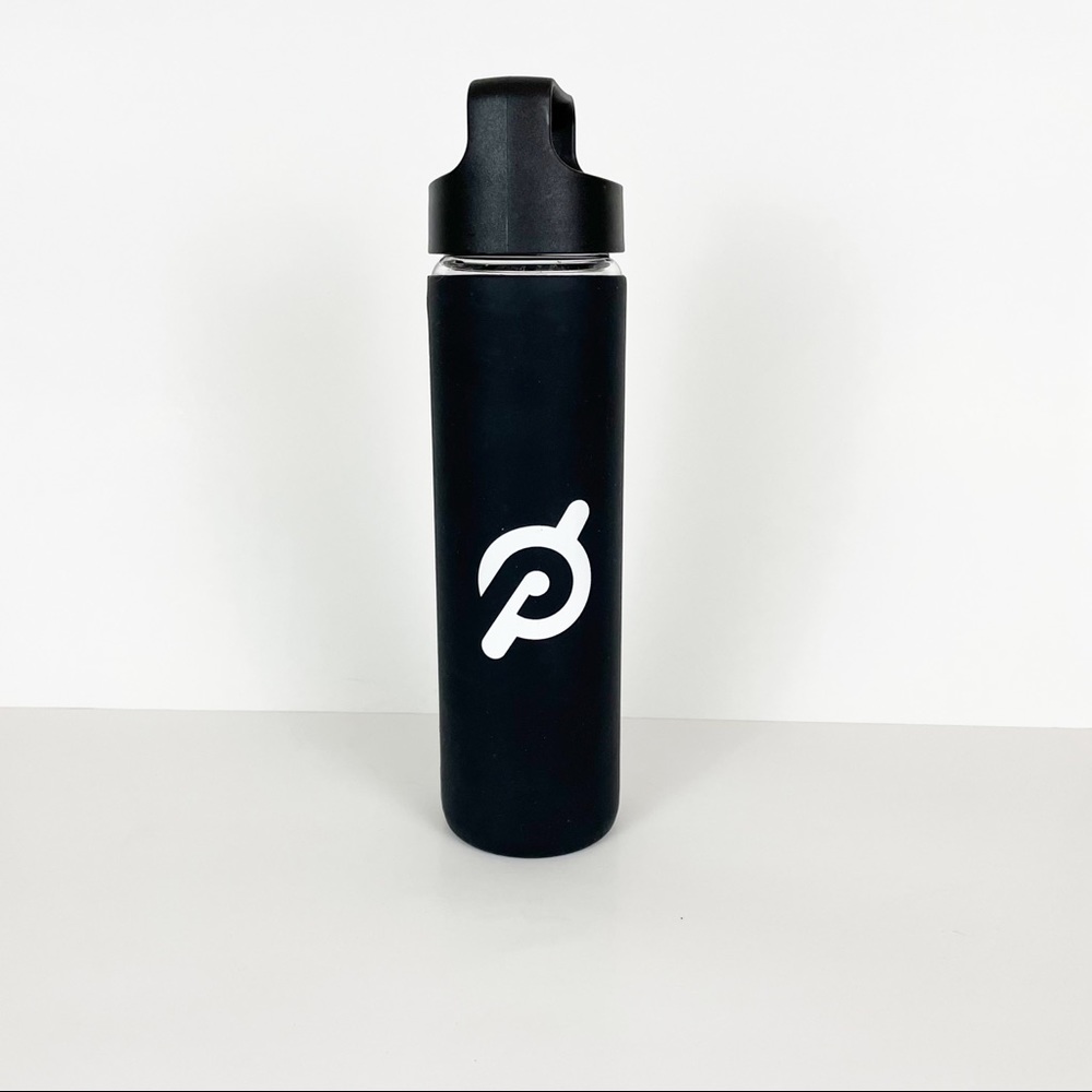 TWO Peloton Glass Water Bottle Black Silicone Sleeve Logo 16 oz Bottle Non Slip